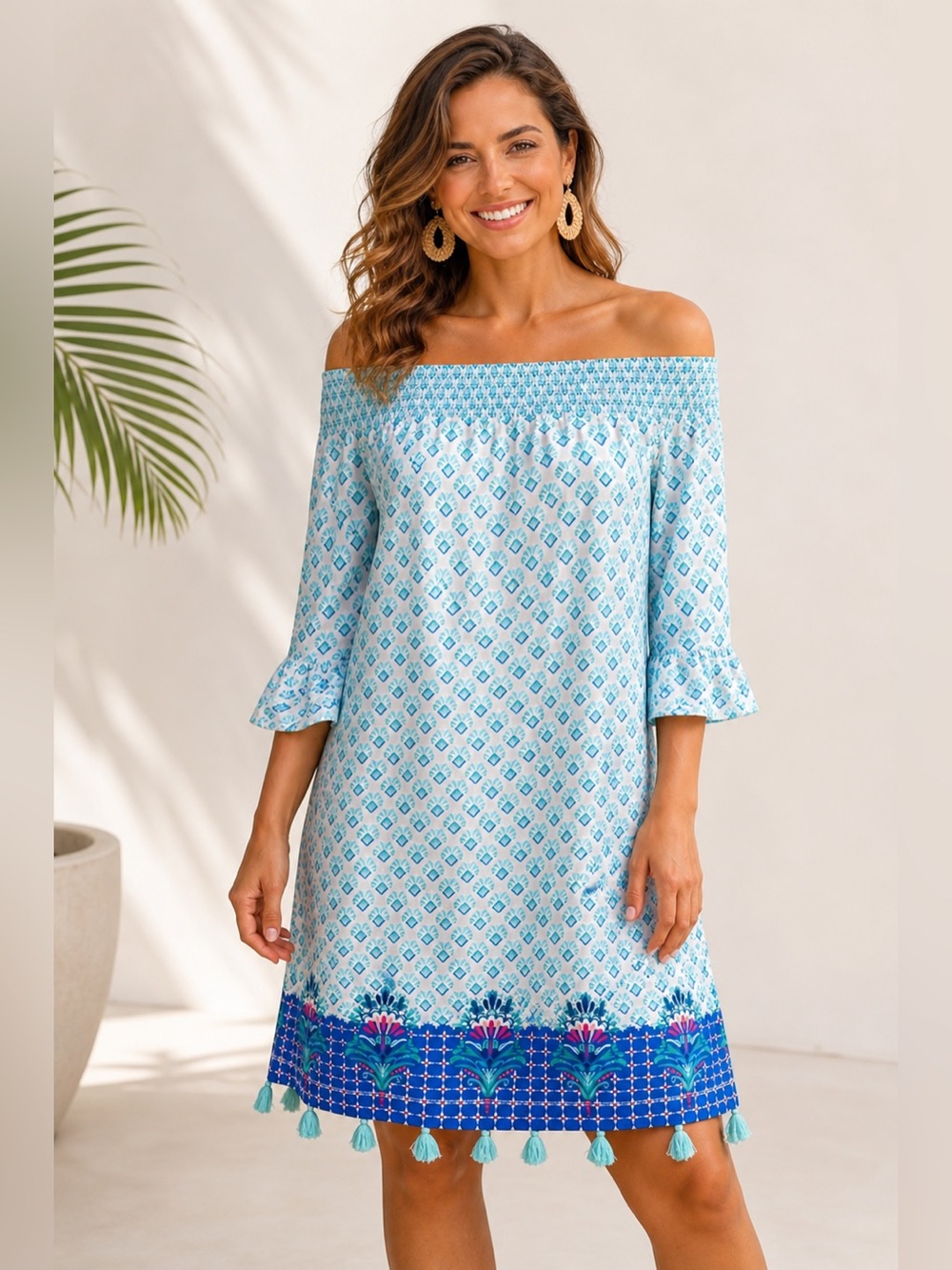 NWT Cabana Life XL Blue and White Off-Shoulder Tassel  Dress Resort Beach UPF 50 - Picture 2 of 14